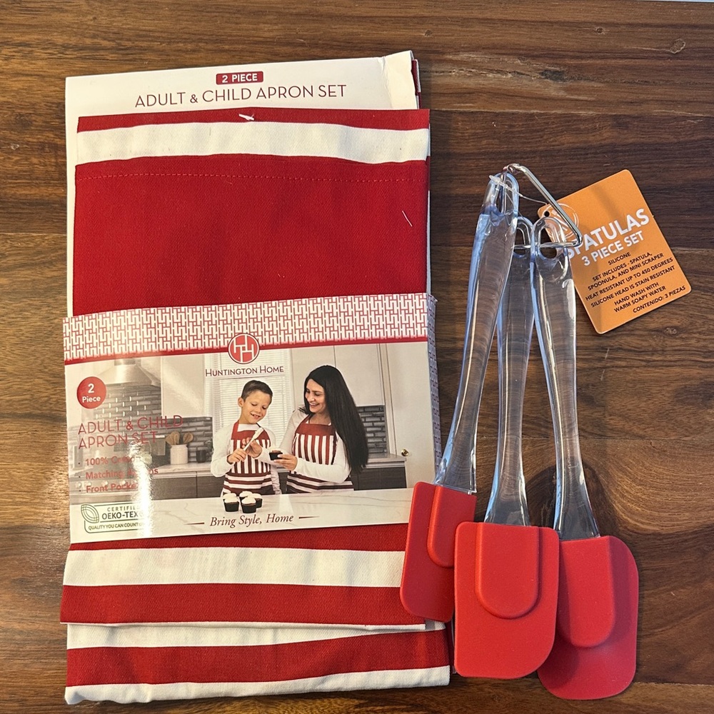 Huntington Home Red and White Apron Mommy and Me Set with Red Spatulas